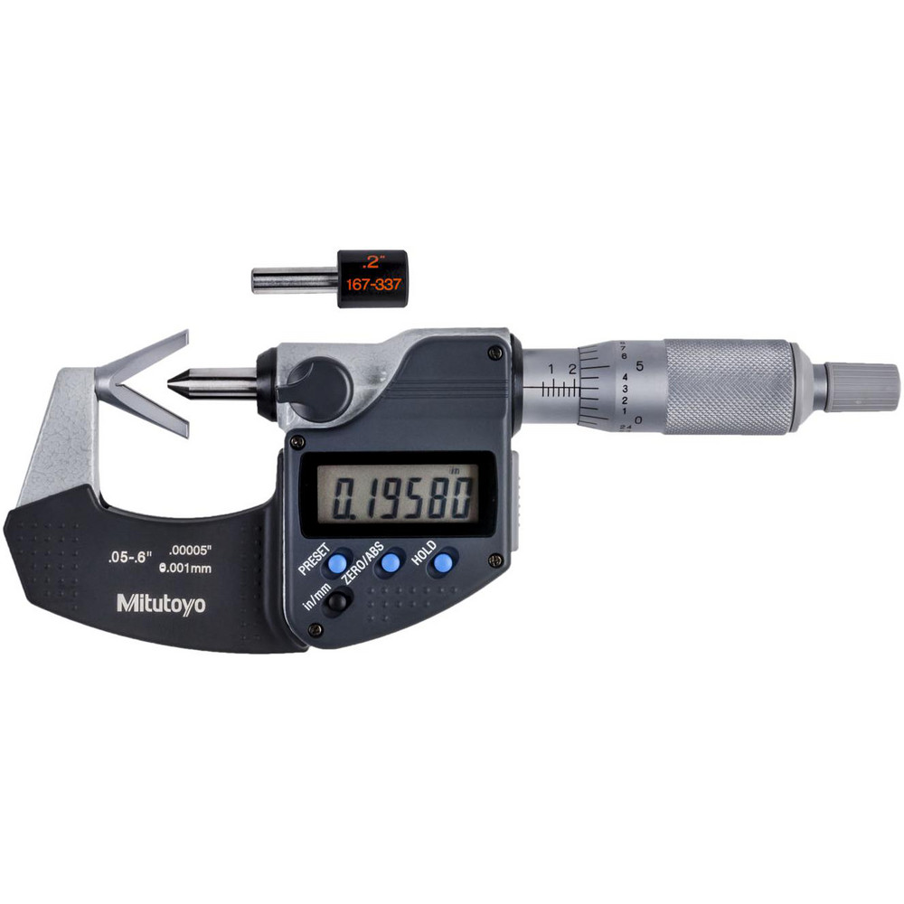 0.05 to 0.6 Inch Measurement, Accuracy Up to 4 micro m, 3 Flutes Measured, Ratchet Stop Thimble, Electronic V Anvil Micrometer - 0.0001 Inch Resolution, Carbide, Data Output, SR44 Battery