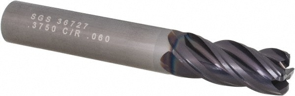 SGS 36727 Corner Radius End Mill: 3/8" Dia, 7/8" LOC, 0.06" Radius, 4 Flutes, Solid Carbide Image