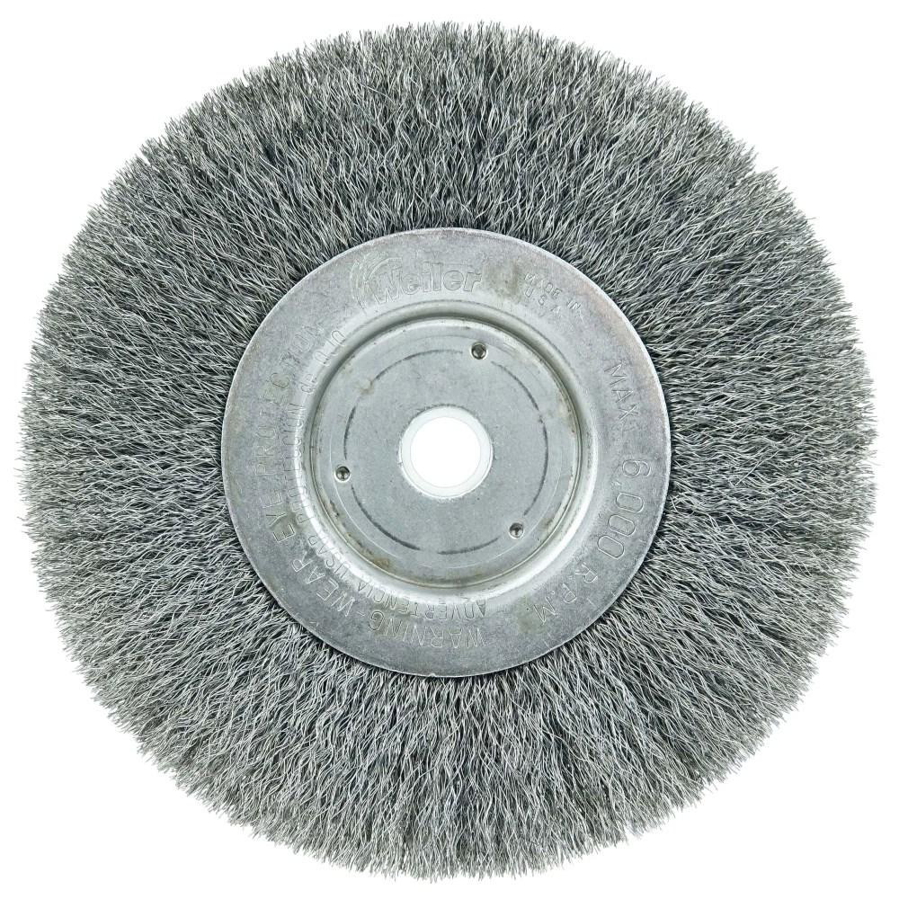 Wheel Brush: 6" Wheel Dia, 1/2" Face Width, 0.0080" Wire Dia, Crimped - 1/2 & 5/8" Hole, Carbon Steel, 6000 RPM