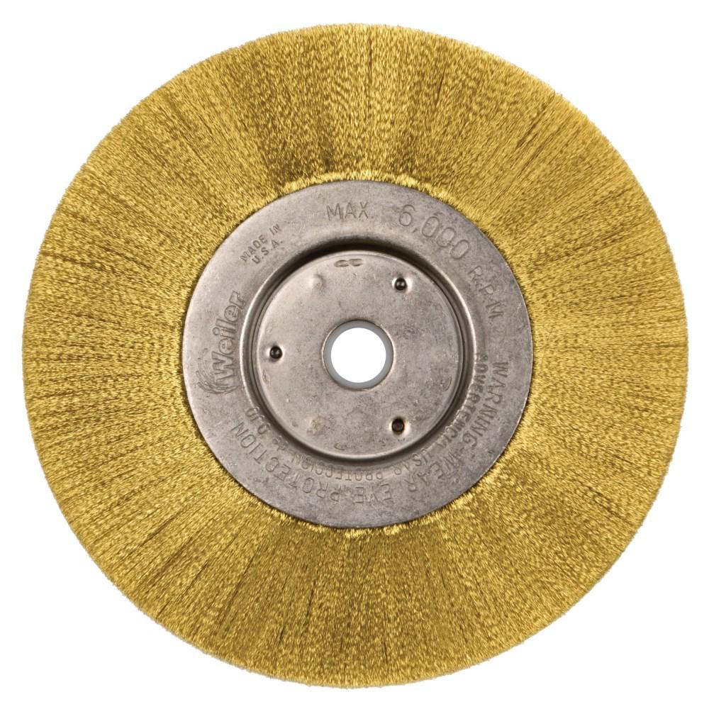 Wheel Brush: 6" Wheel Dia, 1/2" Face Width, 0.0050" Wire Dia, Crimped - 1/2 & 5/8" Hole, Brass, 6000 RPM