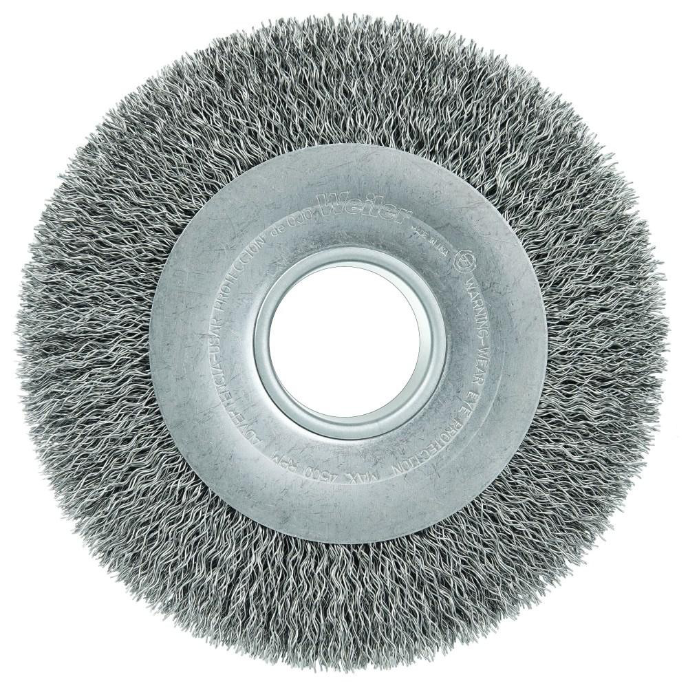 Weiler Wheel Brush: 8" Wheel Dia, 1-1/2" Face Width, 0.0200" Wire Dia, Crimped - 2" Hole, Carbon Steel, 4500 RPM | Part #03160