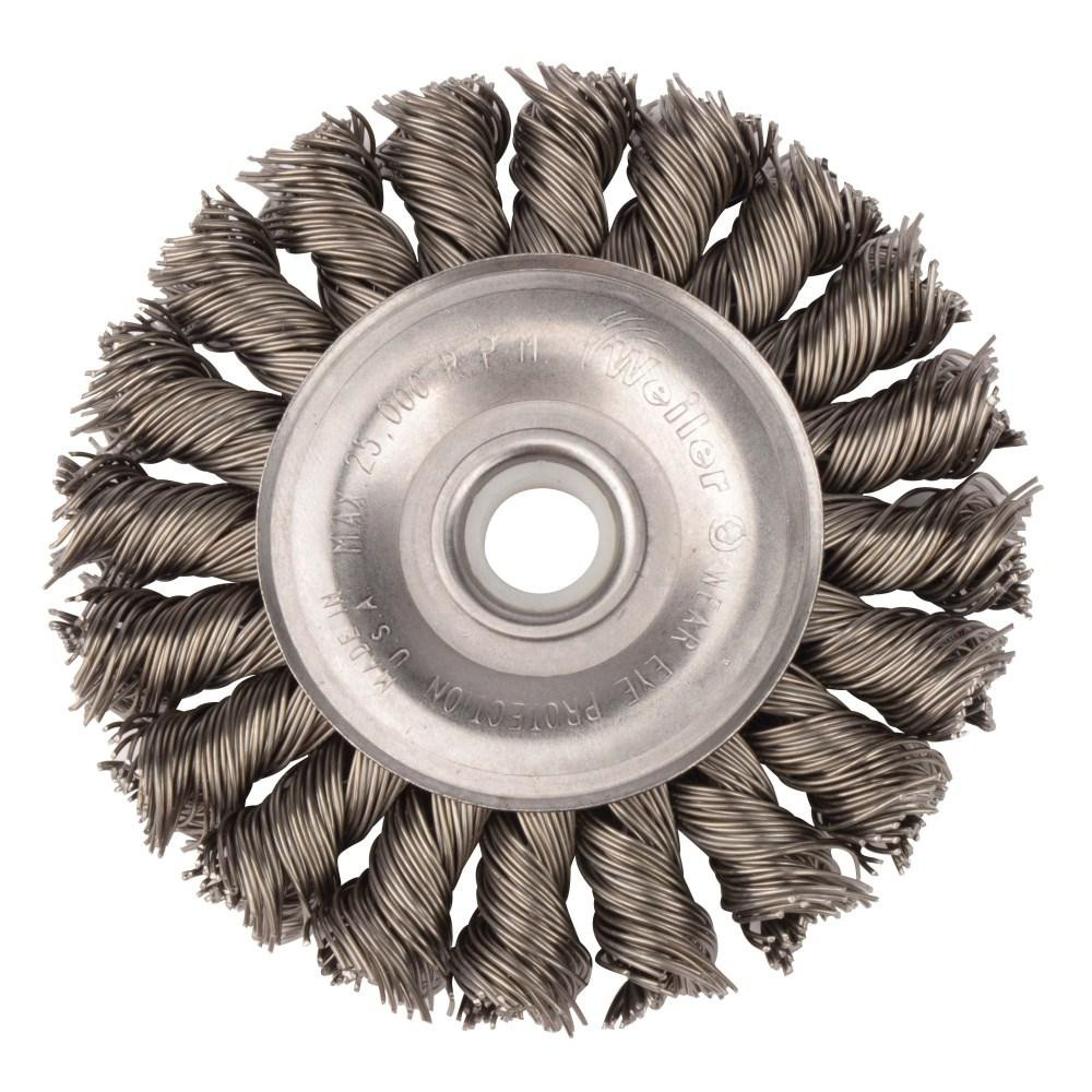 Wheel Brush: 3" Wheel Dia, 3/8" Face Width, 0.0200" Wire Dia, Knotted - 1/2 & 3/8" Hole, Carbon Steel, 25000 RPM