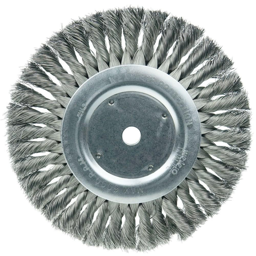 Wheel Brush: 8" Wheel Dia, 5/8" Face Width, 0.0118" Wire Dia, Knotted - 1/2 & 5/8" Hole, Carbon Steel, 6000 RPM