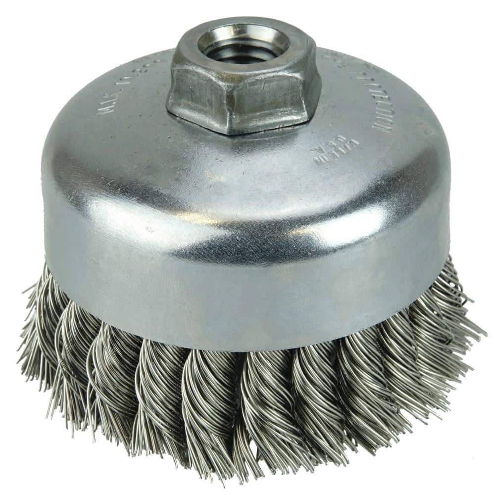 Weiler 12406 Cup Brush: 4" Dia, 0.014" Wire Dia, Stainless Steel, Knotted 