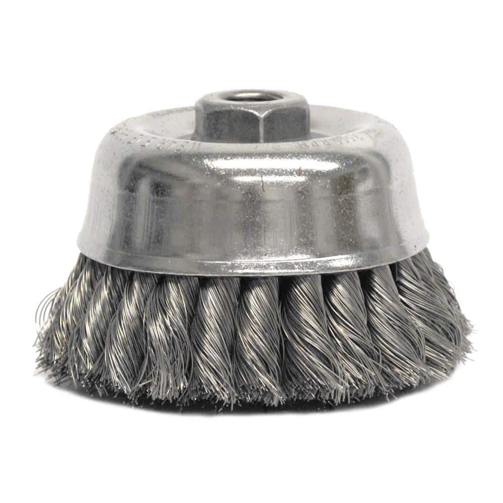 Weiler 12756 Cup Brush: 4" Dia, 0.014" Wire Dia, Steel, Knotted 