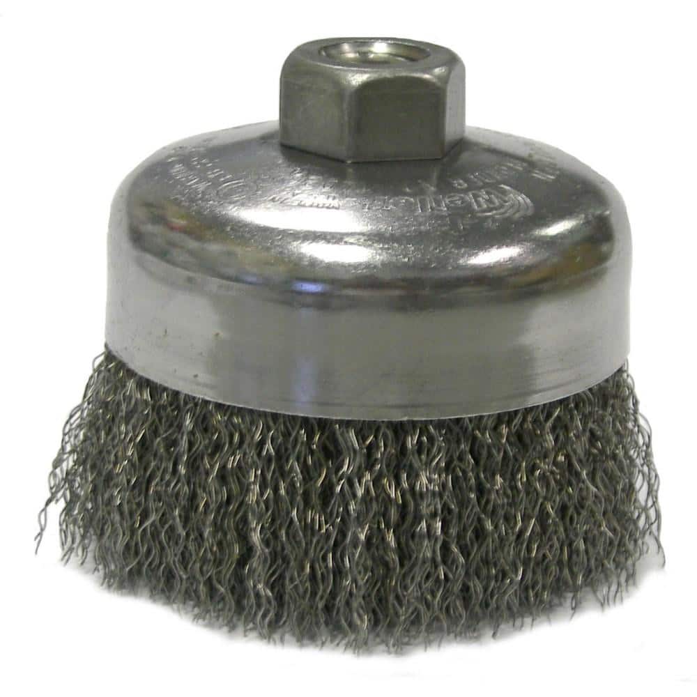 Weiler 14126 Cup Brush: 4" Dia, 0.02" Wire Dia, Stainless Steel, Crimped 