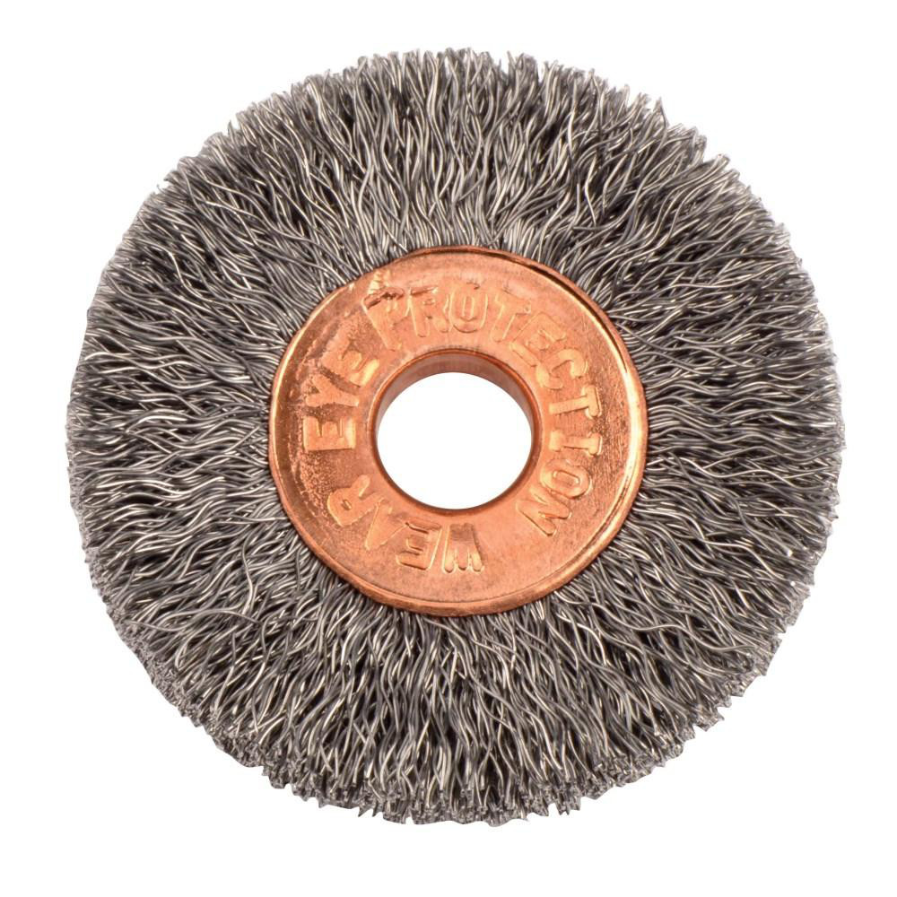 Weiler Wheel Brush: 1-1/4" Wheel Dia, 1/4" Face Width, 0.0060" Wire Dia, Crimped - 1/4" Hole, Carbon Steel, 20000 RPM | Part #15111
