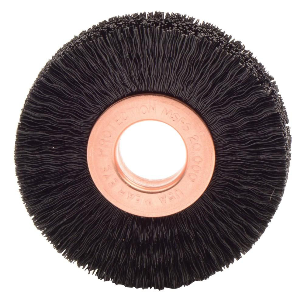 Weiler Wheel Brush: 2" Wheel Dia, 3/8" Face Width, 0.0100" Wire Dia, Crimped - 1/2" Hole, Nylon, 20000 RPM | Part #17223