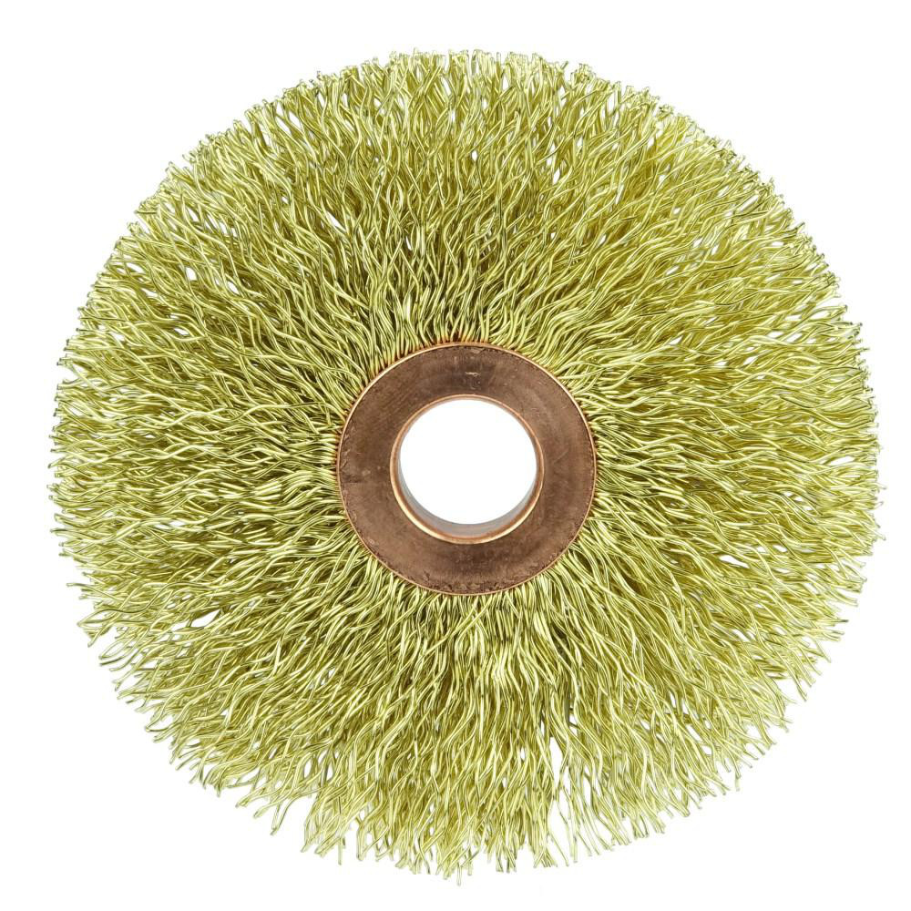 Weiler Wheel Brush: 3" Wheel Dia, 5/8" Face Width, 0.0140" Wire Dia, Crimped - 1/2" Hole, Brass, 20000 RPM | 10-Pack | Part #29078