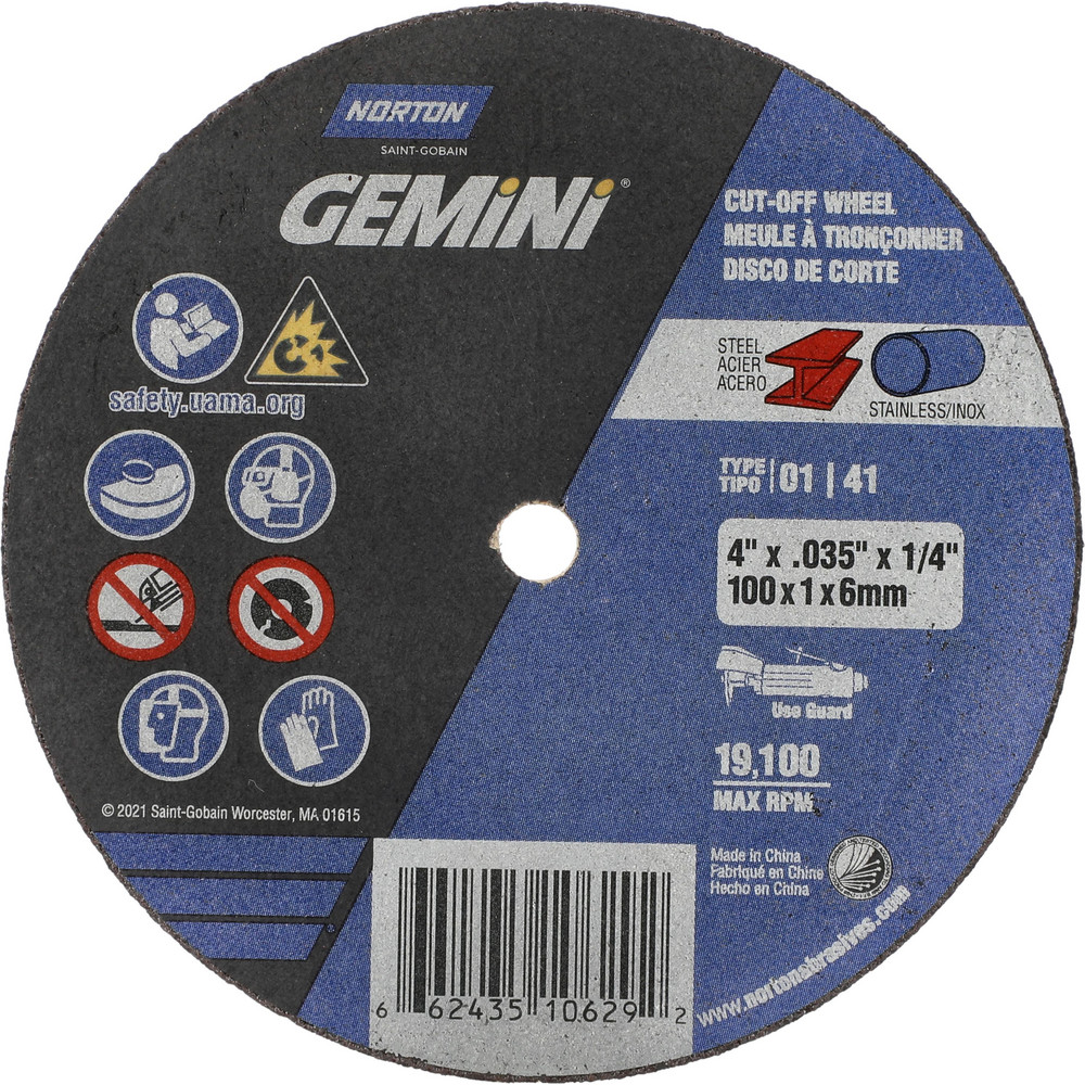 Cutoff Wheel: Type 1 (01/41), 4" Dia, 0.0350" Thick, 1/4" Hole, Aluminum Oxide - 19100 Max RPM, Reinforced