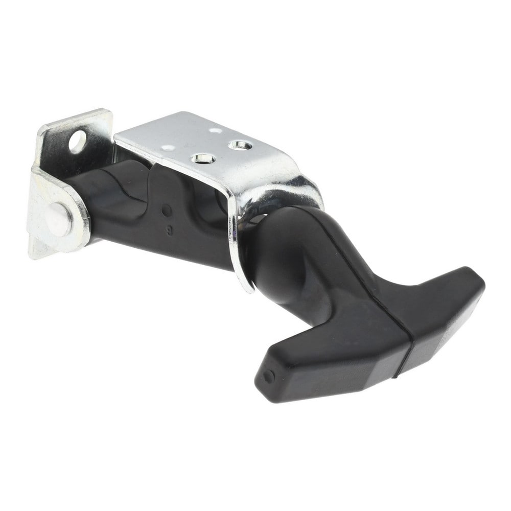 Draw Door Latch: 2.438" OAW, 1-1/4" OAH, Aluminum (Rivet), EPDM Rubber (Handle) & 1010 Steel (Keeper & Bracket)