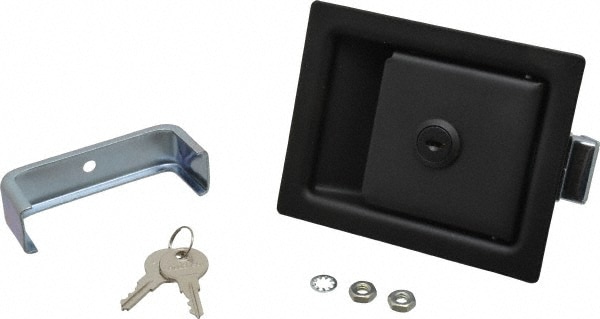 Made in USA 64-10-302-90 Paddle Door Latch: 5" OAL, 4" OAW, 1.938" OAH, Stainless Steel & Steel, Black Powder Coated Image