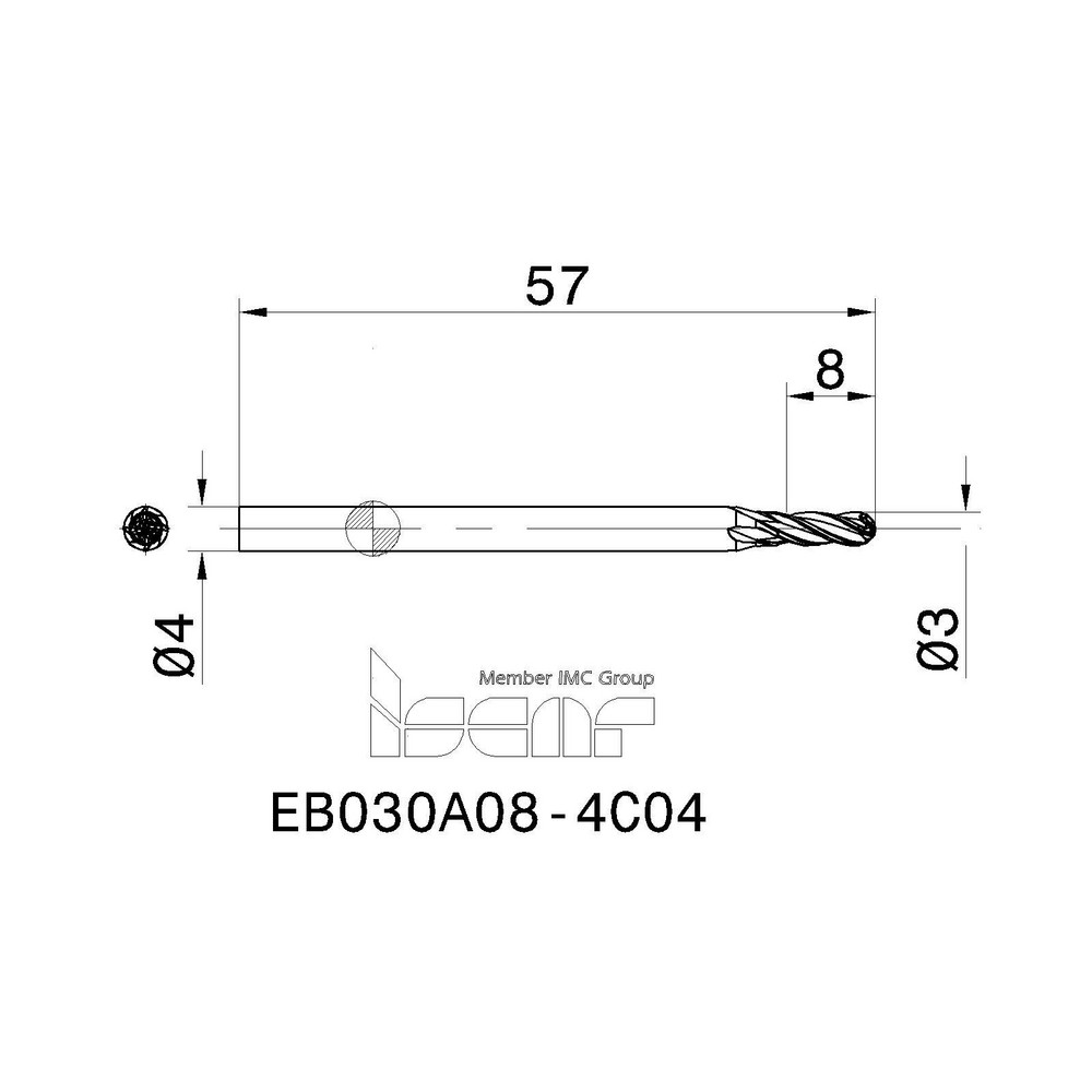 Iscar Ball End Mill 3.00 mm Dia, 8.00 mm LOC, 4 Flute, Solid Carbide