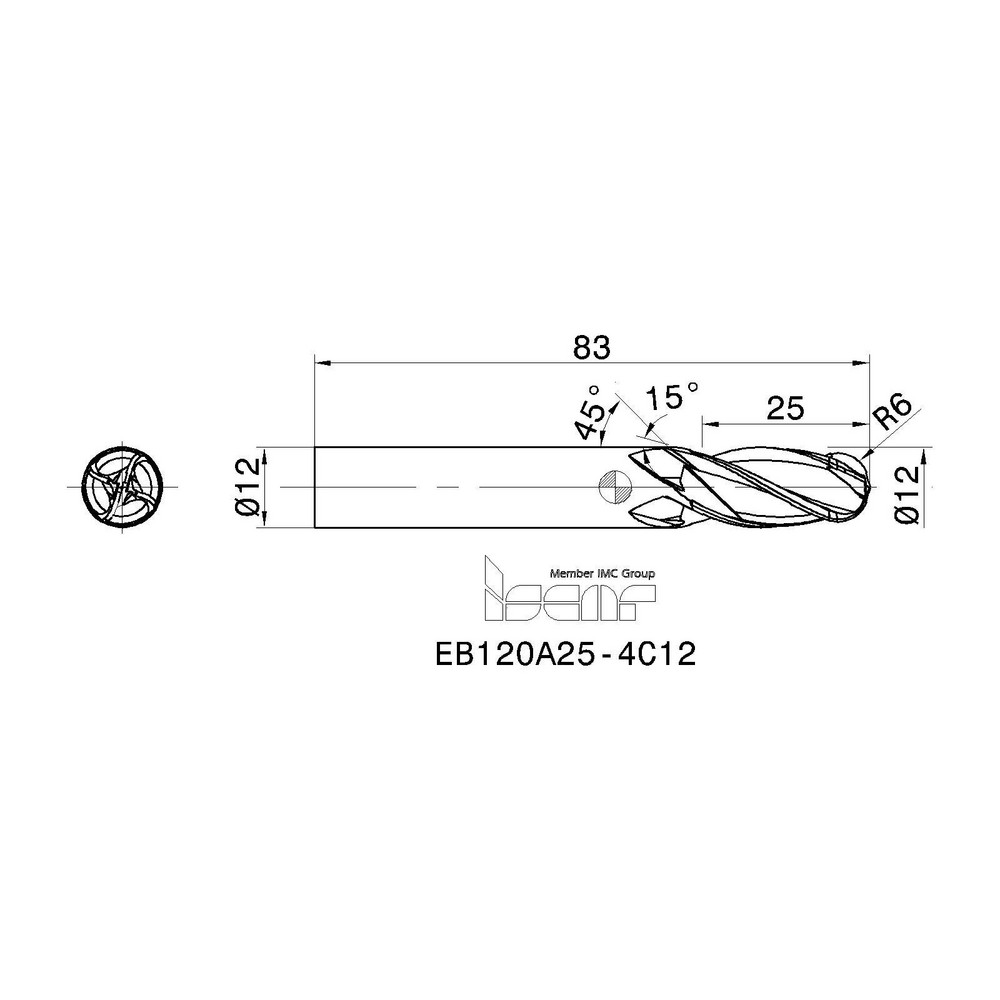 Iscar Ball End Mill 12.00 mm Dia, 25.00 mm LOC, 4 Flute, Solid
