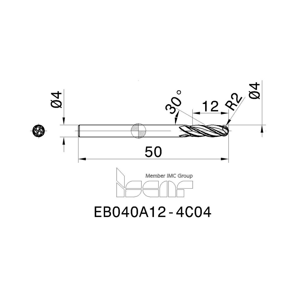 Iscar Ball End Mill 4.00 mm Dia, 12.00 mm LOC, 4 Flute, Solid