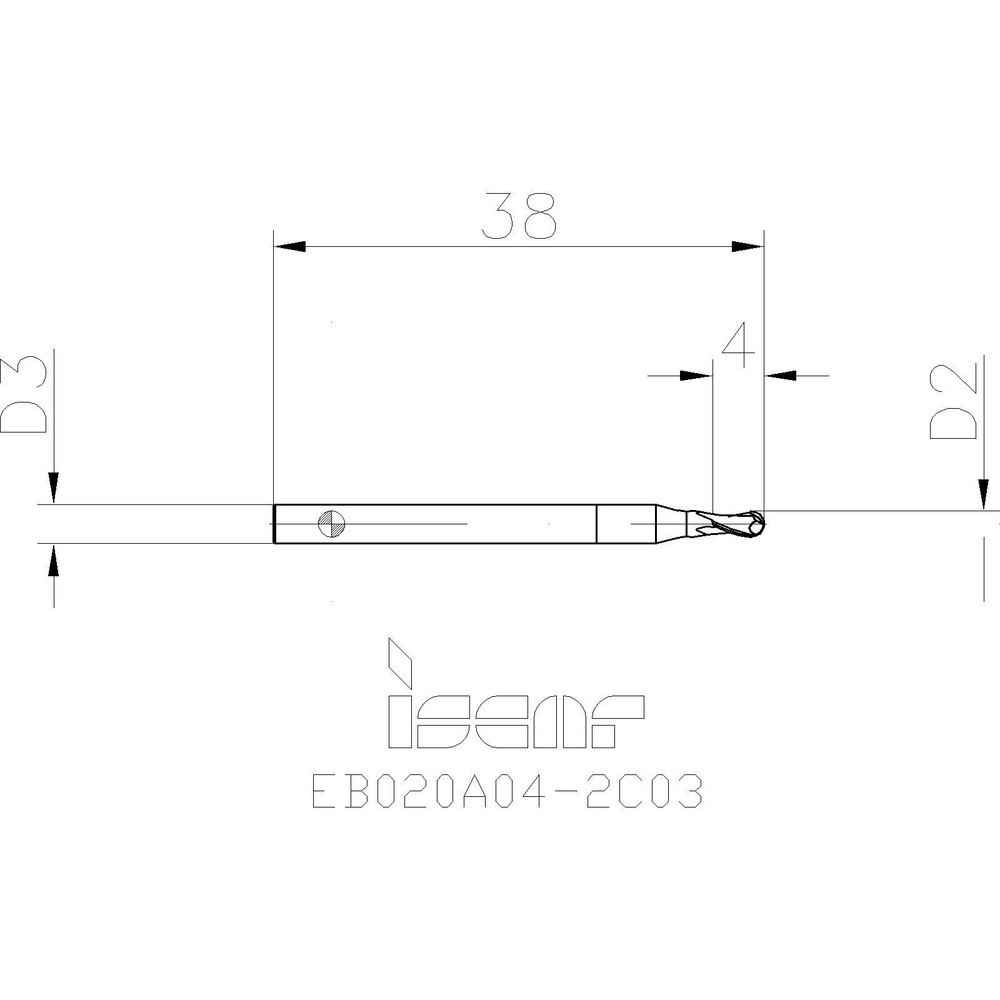 Iscar Ball End Mill 2.00 mm Dia, 4.00 mm LOC, 2 Flute, Solid Carbide