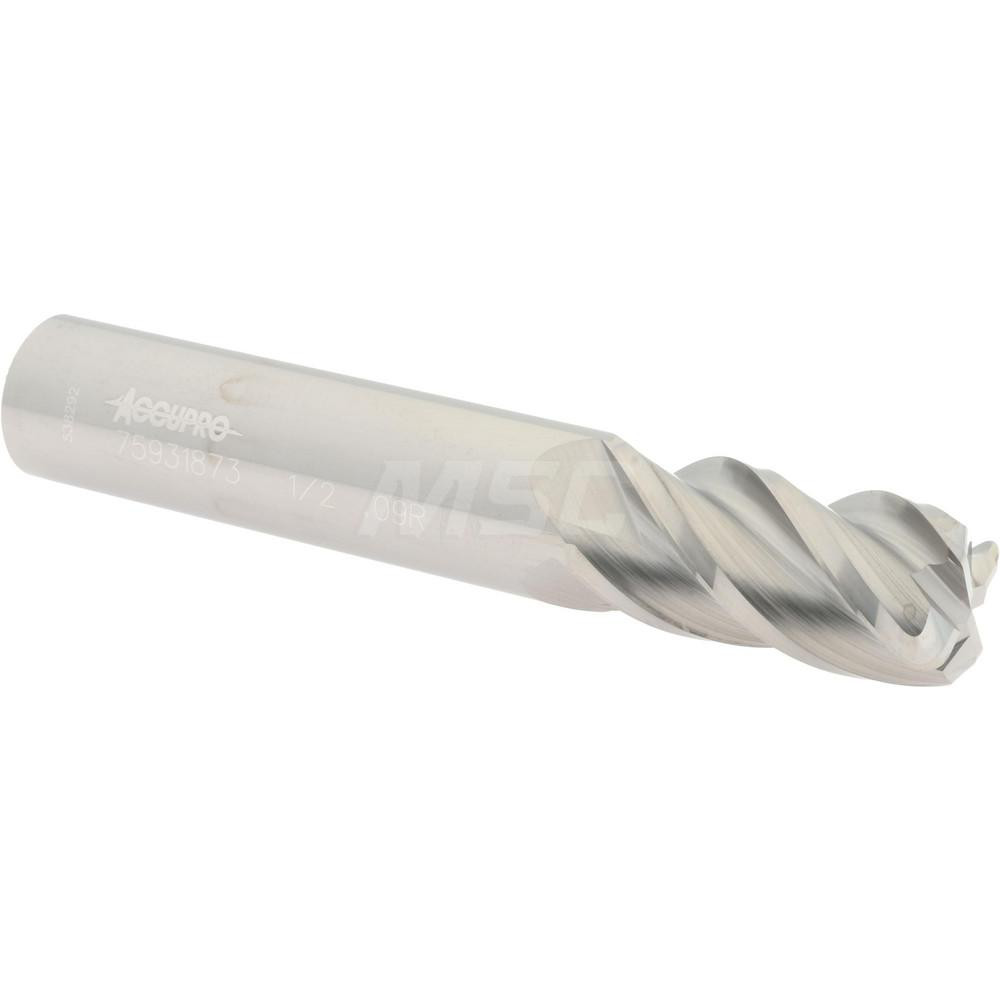 Accupro 12182594 Corner Radius End Mill: 1/2" Dia, 1" LOC, 0.09" Radius, 4 Flutes, Solid Carbide Image