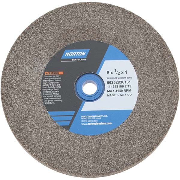 Norton 66252836131 Bench & Pedestal Grinding Wheel: 6" Dia, 1/2" Thick, 1" Hole Dia, Aluminum Oxide Image