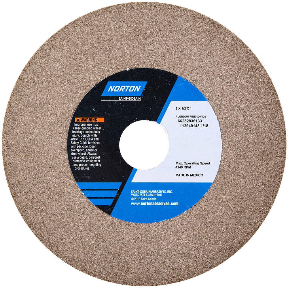 Norton 66252836133 Bench & Pedestal Grinding Wheel: 6" Dia, 1/2" Thick, 1" Hole Dia, Aluminum Oxide Image