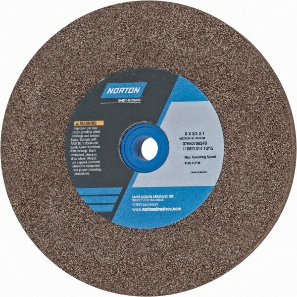 Bench & Pedestal Grinding Wheel: 6" Dia, 3/4" Thick, 1" Hole Dia, Aluminum Oxide