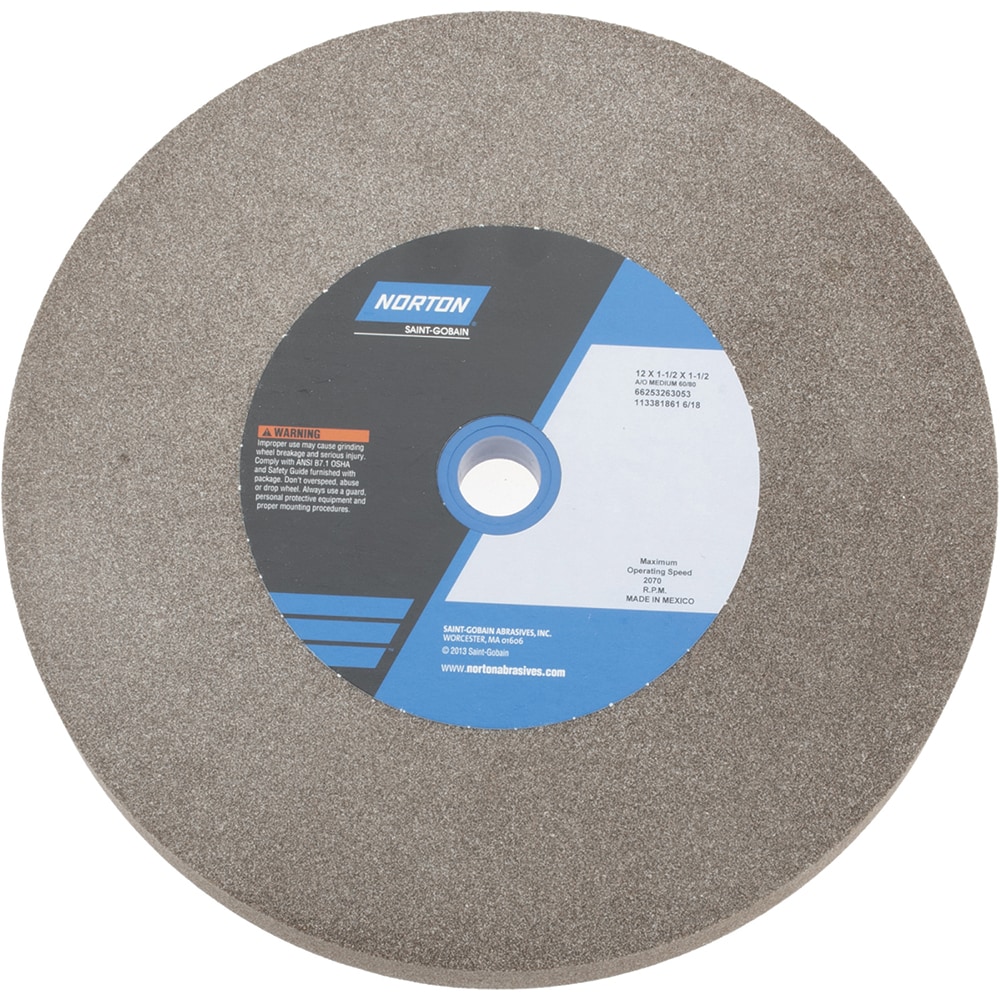 Norton 66253263053 Bench & Pedestal Grinding Wheel: 12" Dia, 1-1/2" Thick, 1-1/2" Hole Dia, Aluminum Oxide Image