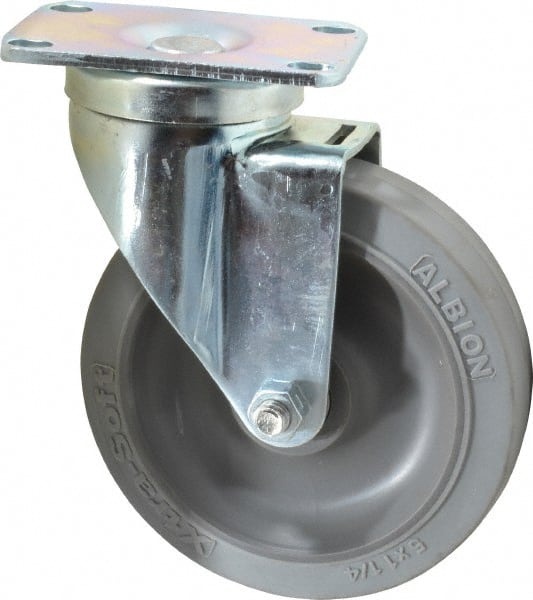 Albion 02XS05031S Swivel Top Plate Caster: Rubber, 5" Wheel Dia, 1-1/4" Wheel Width, 325 lb Capacity, 6-3/16" OAH 