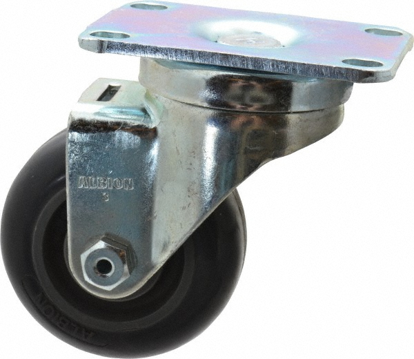 Albion Swivel Top Plate Caster: Polyurethane, 350 lb, 4" Dia, 1-1/4" Wide, 5-1/8" OAH - 2-1/2 x 3-5/8" Plate, 1-3/4 x 2-13/16 Slotted to 3-1/16" Bolt