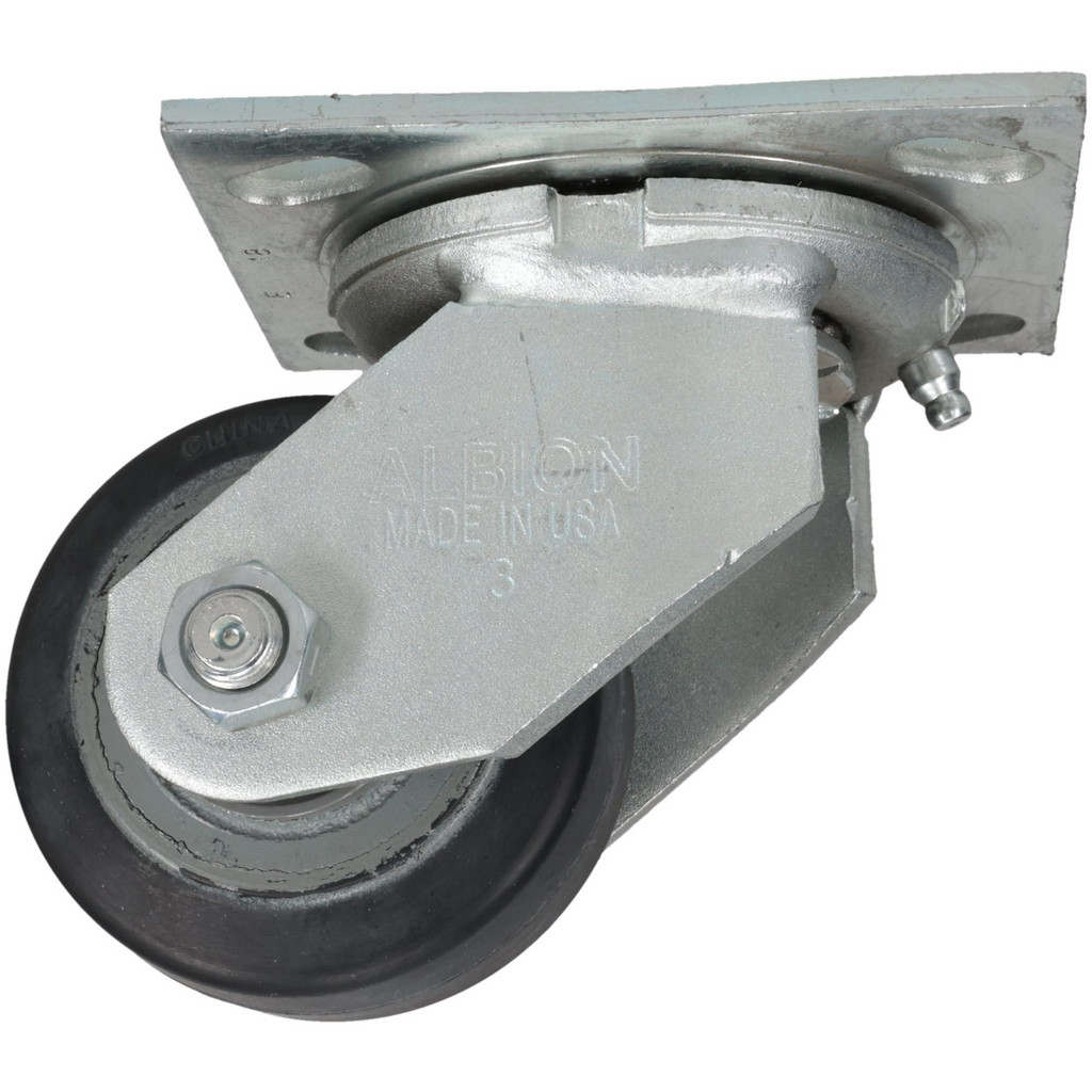 Albion Swivel Top Plate Caster: Rubber, 140 lb, 3-1/4" Dia, 1-1/2" Wide, 4-1/4" OAH - 4 x 4-1/2" Plate, 2-5/8 x 3-5/8 Slotted to 3 x 3" Bolt Hole