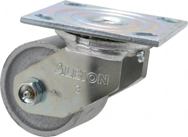 Albion 16CA03201S Swivel Top Plate Caster: Cast Iron, 3-1/4" Wheel Dia, 2-3/16" Wheel Width, 700 lb Capacity, 4-1/4" OAH 
