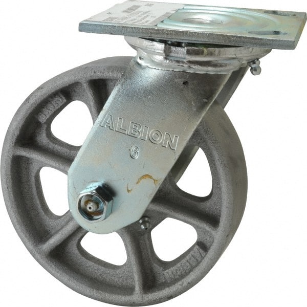 Albion 16CA06101S Swivel Top Plate Caster: Cast Iron, 6" Wheel Dia, 1-1/2" Wheel Width, 800 lb Capacity, 7-1/4" OAH 