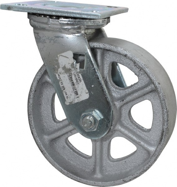 Albion 16CA06201S Swivel Top Plate Caster: Cast Iron, 6" Wheel Dia, 2" Wheel Width, 1,200 lb Capacity, 7-1/4" OAH 