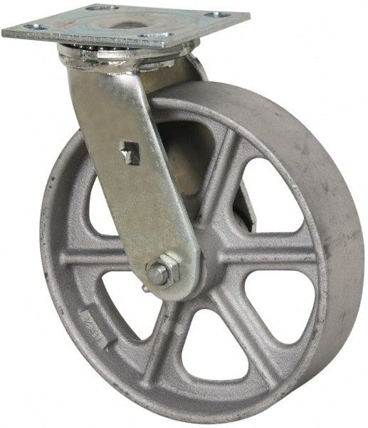 Albion 16CA08201S Swivel Top Plate Caster: Cast Iron, 8" Wheel Dia, 2" Wheel Width, 1,250 lb Capacity, 9-1/2" OAH 