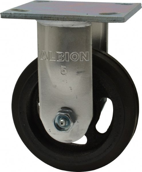 Albion 16MR05101R Rigid Top Plate Caster: Rubber, 5" Wheel Dia, 1-1/2" Wheel Width, 300 lb Capacity, 6-1/2" OAH 