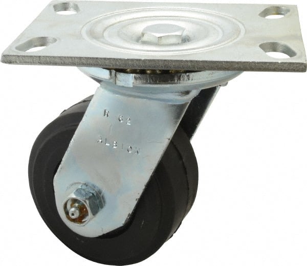 Albion 62MR04201S Swivel Top Plate Caster: Rubber, 4" Wheel Dia, 2" Wheel Width, 350 lb Capacity, 5-5/8" OAH 