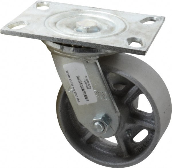 Albion 62CA05201S Swivel Top Plate Caster: Cast Iron, 5" Wheel Dia, 2" Wheel Width, 1,000 lb Capacity, 6-1/2" OAH 