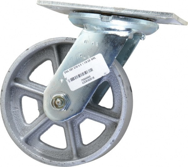 Albion 62CA06201S Swivel Top Plate Caster: Cast Iron, 6" Wheel Dia, 2" Wheel Width, 1,200 lb Capacity, 7-1/2" OAH 