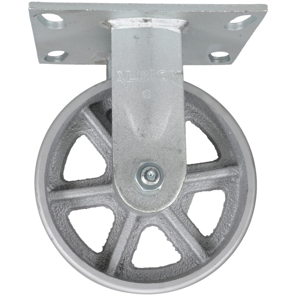 Albion Rigid Top Plate Caster: Cast Iron, 1,400 lb, 6" Dia, 2" Wide, 7-1/2" OAH - 7-1/2" Mount Height, 4-1/2 x 6-1/4" Plate, 3-3/8 x 5-1/4 Slotted to