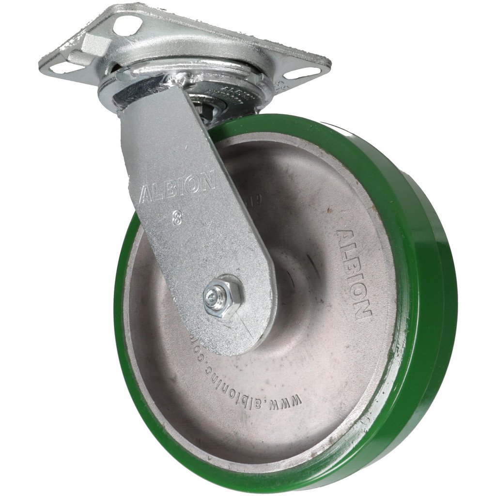 Albion Swivel Top Plate Caster: Polyurethane, 1,500 lb, 8" Dia, 2" Wide, 10-1/8" OAH - 10-1/8" Mount Height, 4-1/2 x 6-1/4" Plate, 3-3/8 x 5-1/4