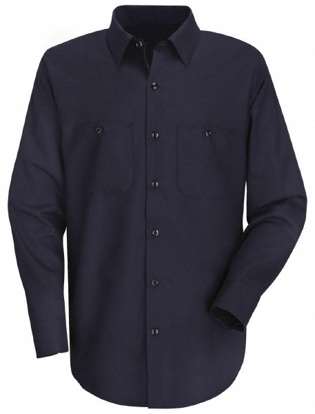 Work Shirt: General Purpose, Button Down, Large, Cotton, Blue, 2 Pocket - 50" Chest, Button Closure