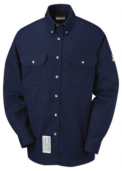 Bulwark SLU2NV-RG-L Work Shirt: Fire-Resistant, Large, Cotton, Blue, 2 Pockets 