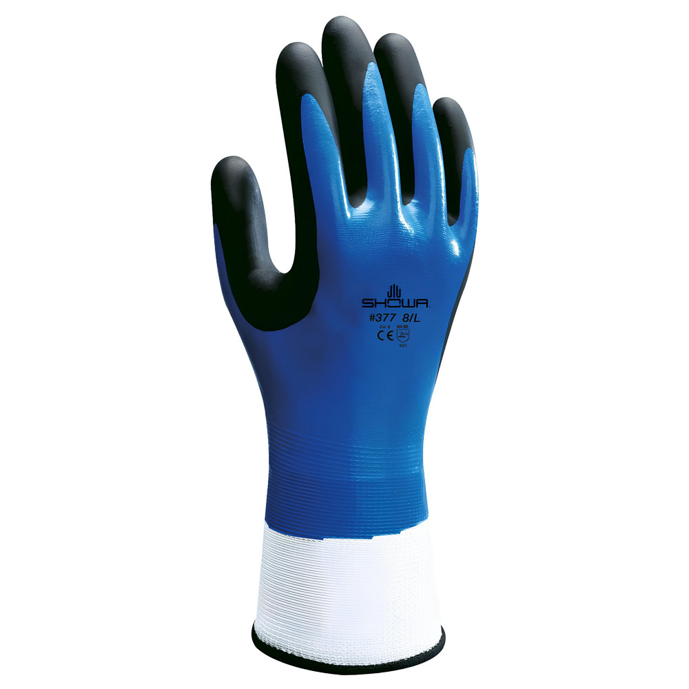 Work Gloves: SHOWA® 377, Size Large, Nitrile-Coated Nylon & Polyester, General Purpose - Blue, 11" OAL, Nylon & Polyester Lined, Foam Grip, Pair