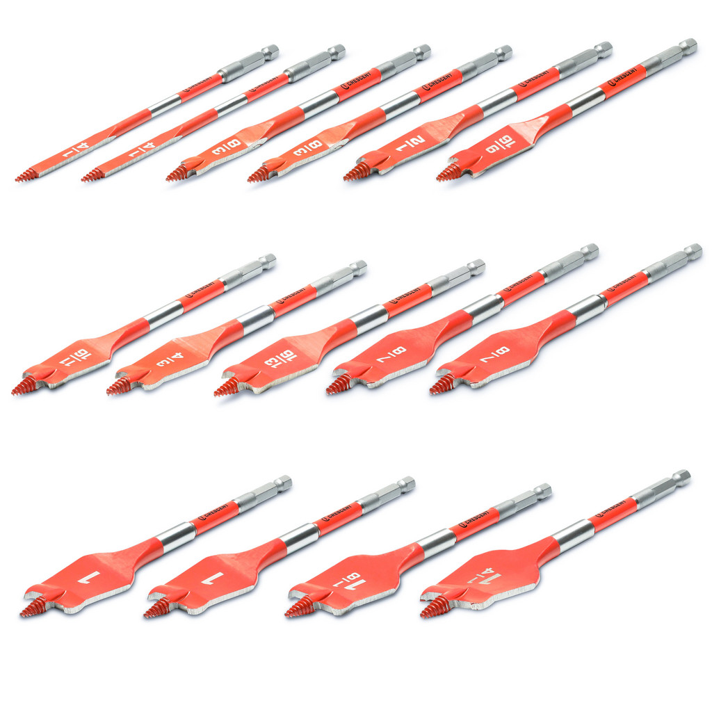 Crescent Drill Bit Set: Hex Shank Drill Bits, 16 Pc, 0.2500" to 1.2500" Drill Bit Size, 0 deg, High-Speed Steel - Electrogalvanized, Spiral