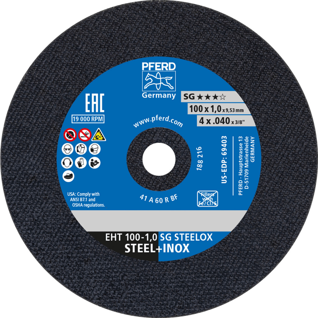 PFERD Tools Cut-Off Wheel: Type 1, 4 Dia, 0.0400" Thick, 3/8" Hole, Aluminum Oxide - 60 Grit, 19000 RPM, Use w/ Die Grinders, 1 per Pack