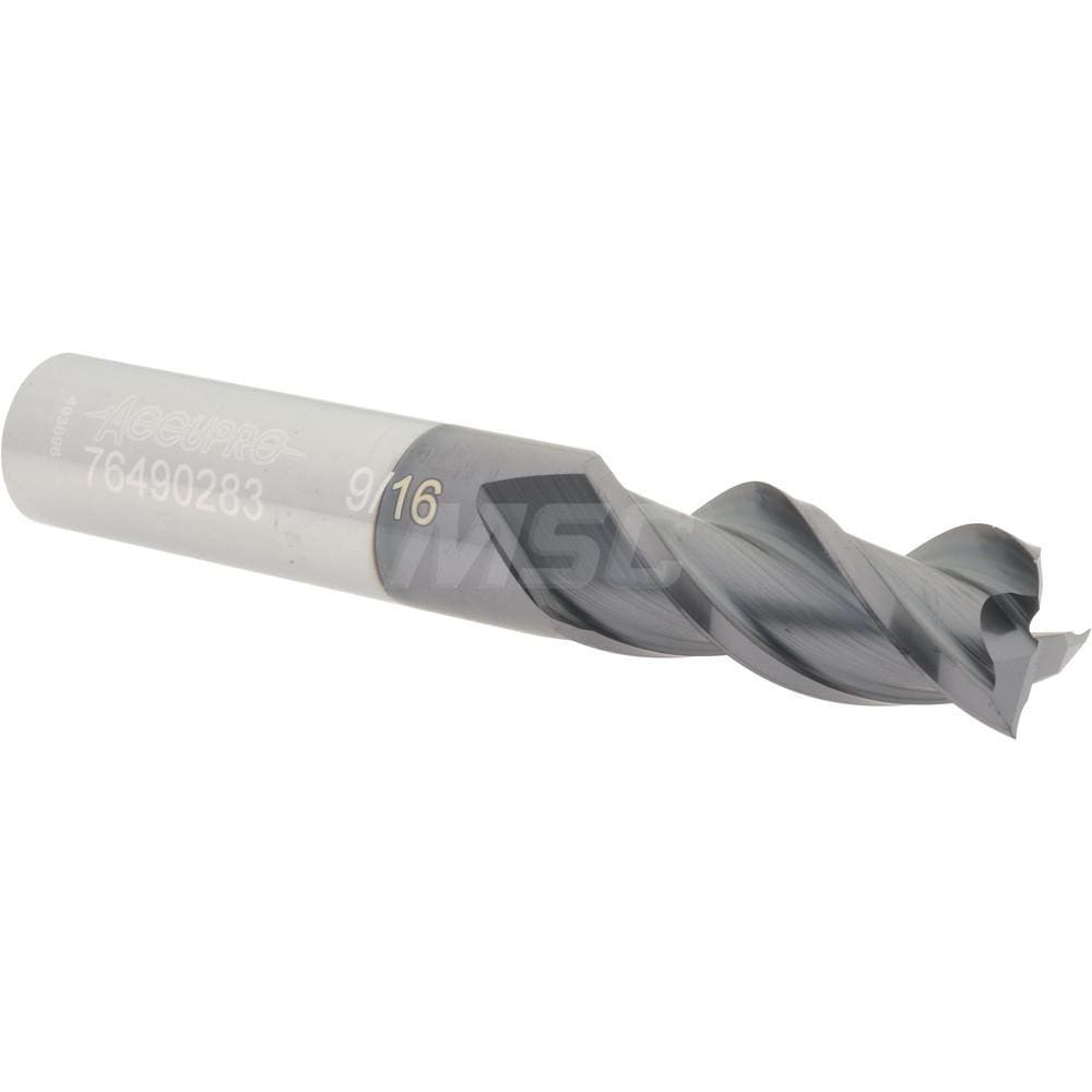 Accupro 12179747 Square End Mill: 9/16 Dia, 1-1/4 LOC, 9/16 Shank Dia, 3-1/2 OAL, 3 Flutes, Solid Carbide 