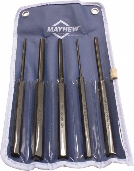 Pin Punch Set: 5 Pc - Round Shank, Comes in Vinyl Pouch