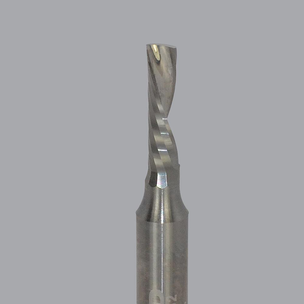 Spiral Router Bit: 3/16" Dia, 5/8" LOC, 1/4" Shank Dia, 1 Flute, Downcut - 2" OAL, Solid Carbide, Bright/Uncoated Finish, Right Hand Cut, Use on Hard Material, Series 62-700