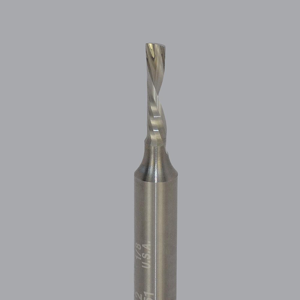 Spiral Router Bit: 1/8" Dia, 1/2" LOC, 1/4" Shank Dia, 1 Flute, Downcut - 2" OAL, Solid Carbide, Bright/Uncoated Finish, Right Hand Cut, Series 62-750