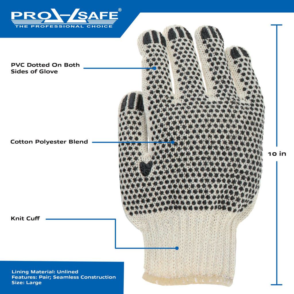 PRO-SAFE - Work Gloves: Size Large, Cotton & Polyester, PVC-Coated