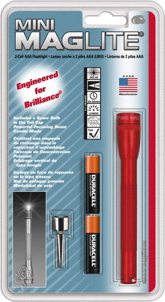 Mini Flashlight: Krypton Bulb - Red, Aluminum, 2 AAA Batteries Included
