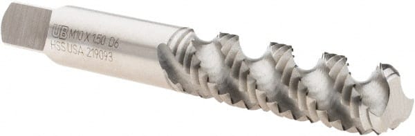 Union Butterfield 6008628 Spiral Flute Tap: M10 x 1.50, Metric Coarse, 3 Flute, Bottoming, 6H Class of Fit, High Speed Steel, Bright/Uncoated 